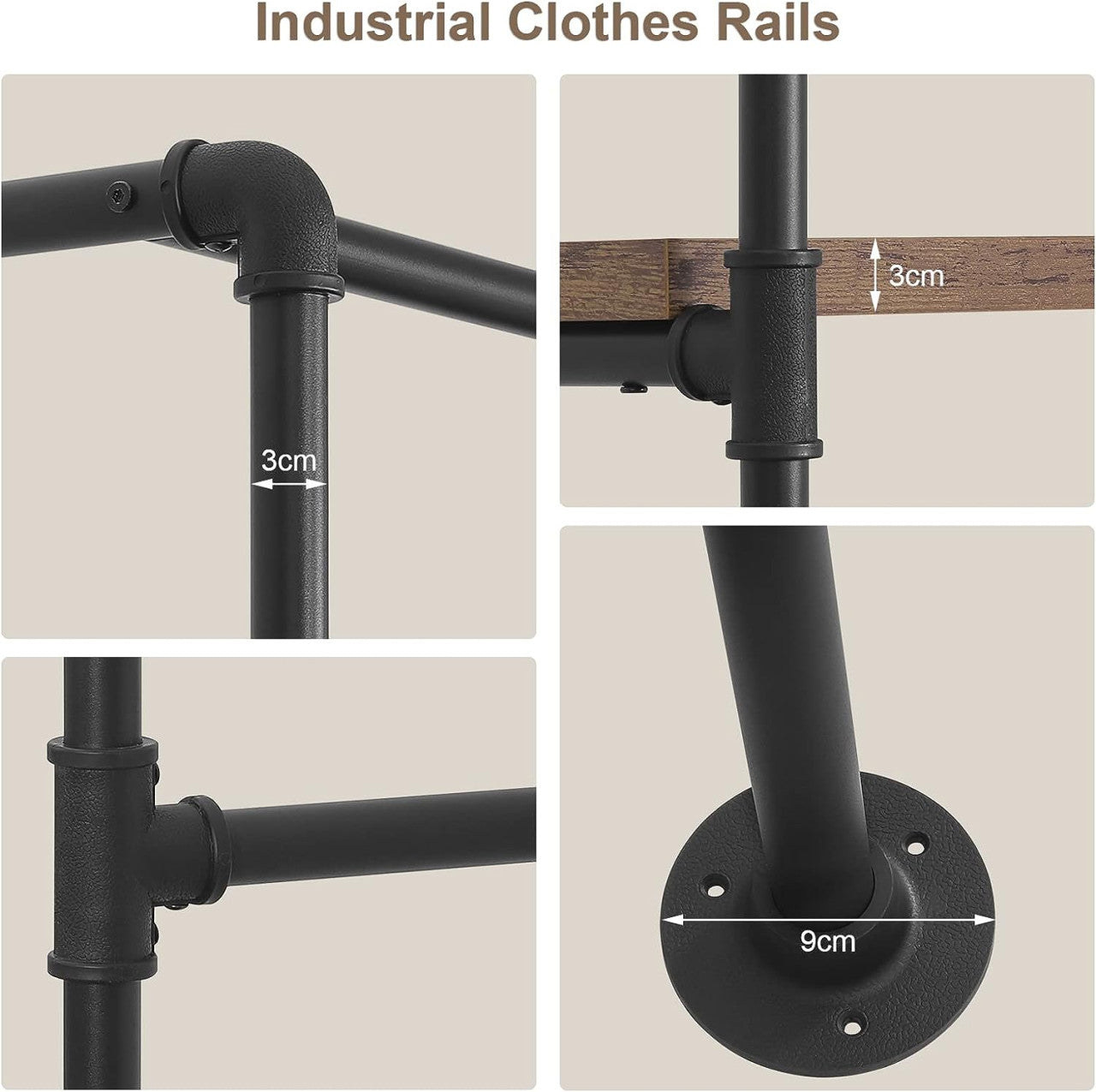 24goodz Corner Coat Rack with Shelves - Space-Saving Design - Scratch-Resistant - Metal and MDF - Black + Vintage Wood Grain - 35 x 187.5 x 184 cm