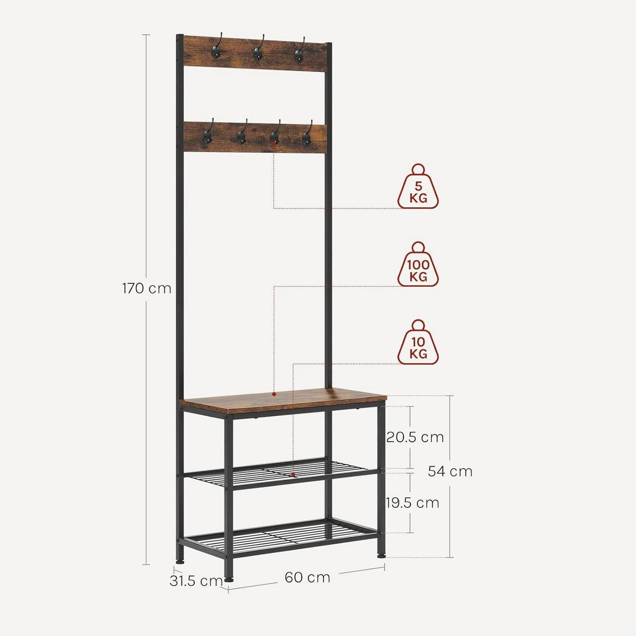 24goodz Multifunctional Coat Rack with Shoe Storage and Bench - 3-in-1 Design - Sturdy Metal Frame - Brown - Compact Size 60x170x31.5 cm