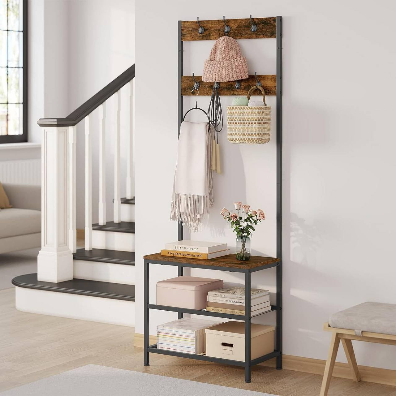 24goodz Multifunctional Coat Rack with Shoe Storage and Bench - 3-in-1 Design - Sturdy Metal Frame - Brown - Compact Size 60x170x31.5 cm