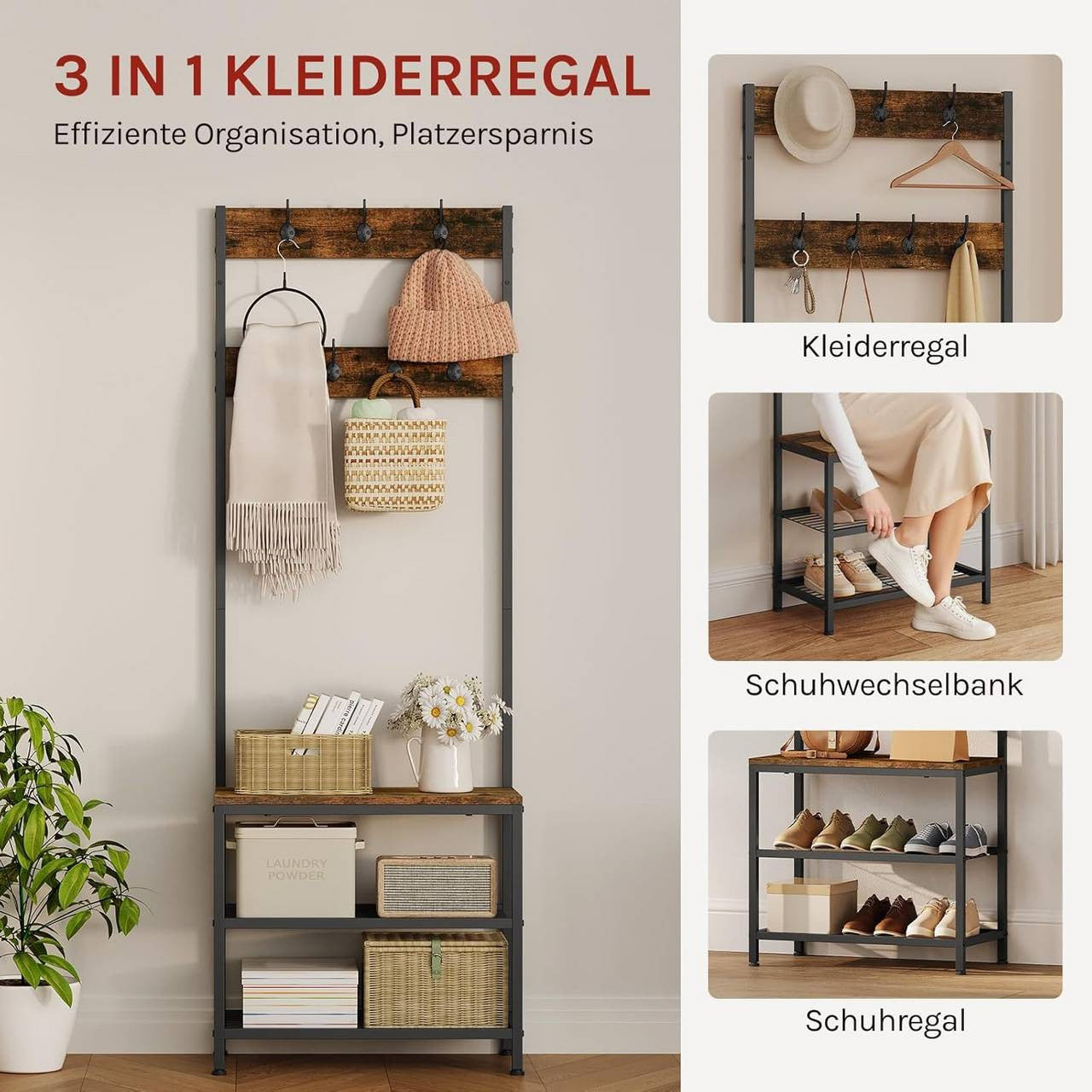 24goodz Multifunctional Coat Rack with Shoe Storage and Bench - 3-in-1 Design - Sturdy Metal Frame - Brown - Compact Size 60x170x31.5 cm