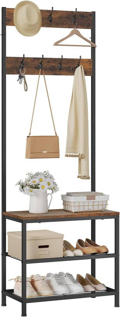24goodz Multifunctional Coat Rack with Shoe Storage and Bench - 3-in-1 Design - Sturdy Metal Frame - Brown - Compact Size 60x170x31.5 cm