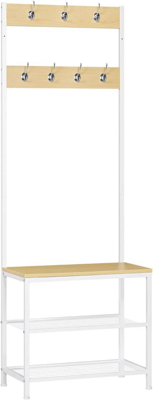 24goodz Coat Rack and Shoe Bench - 3-in-1 Design - Sturdy Metal Frame - MDF - For Home - Light Oak