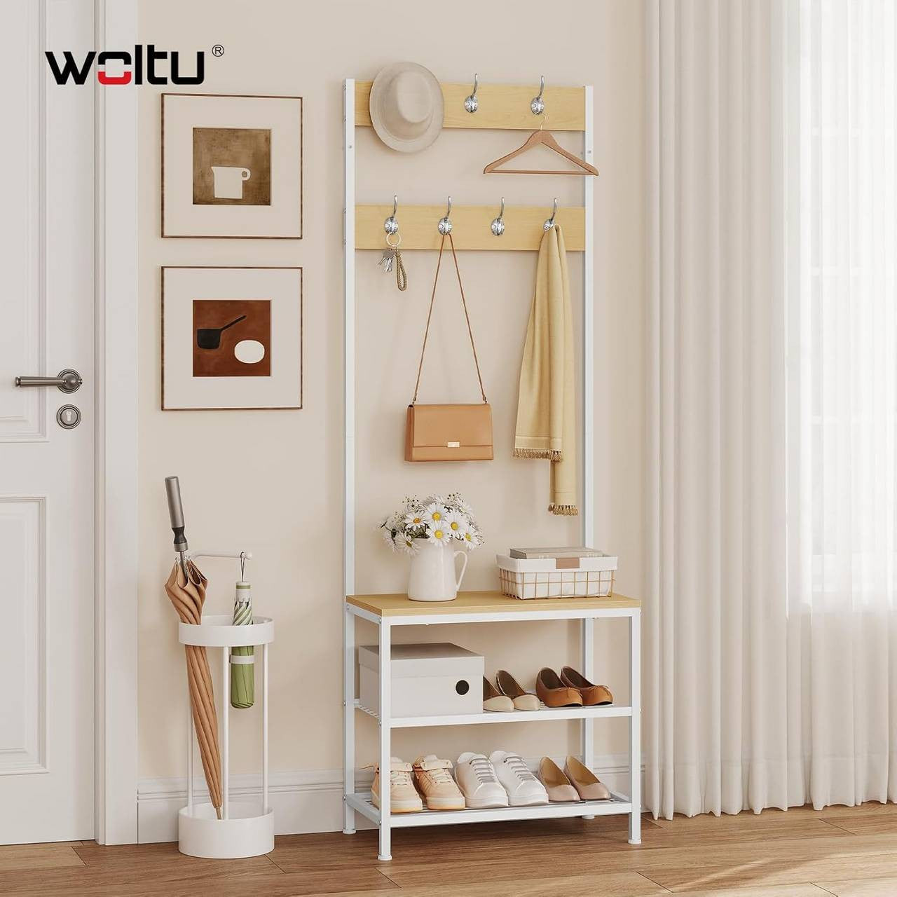 24goodz Coat Rack and Shoe Bench - 3-in-1 Design - Sturdy Metal Frame - MDF - For Home - Light Oak