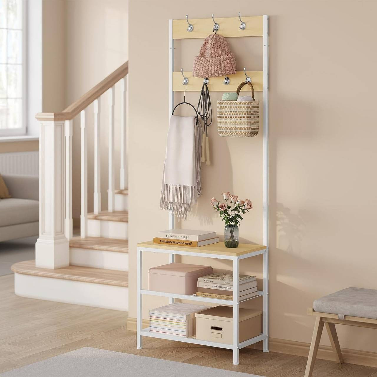 24goodz Coat Rack and Shoe Bench - 3-in-1 Design - Sturdy Metal Frame - MDF - For Home - Light Oak