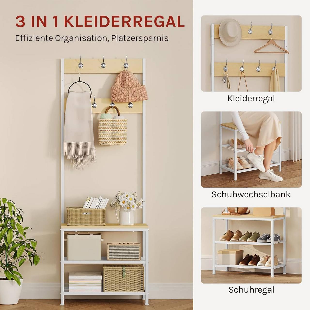 24goodz Coat Rack and Shoe Bench - 3-in-1 Design - Sturdy Metal Frame - MDF - For Home - Light Oak