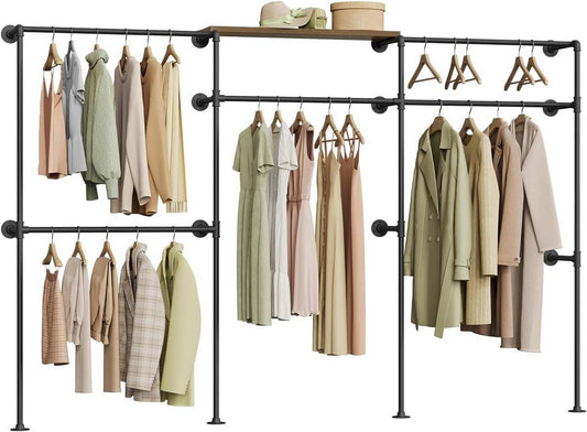 24goodz Wall-Mounted Coat Rack - Organized and Accessible - Robust Construction - Metal and Particle Board - Black + Vintage Brown - 283 x 186 x 33.5 cm