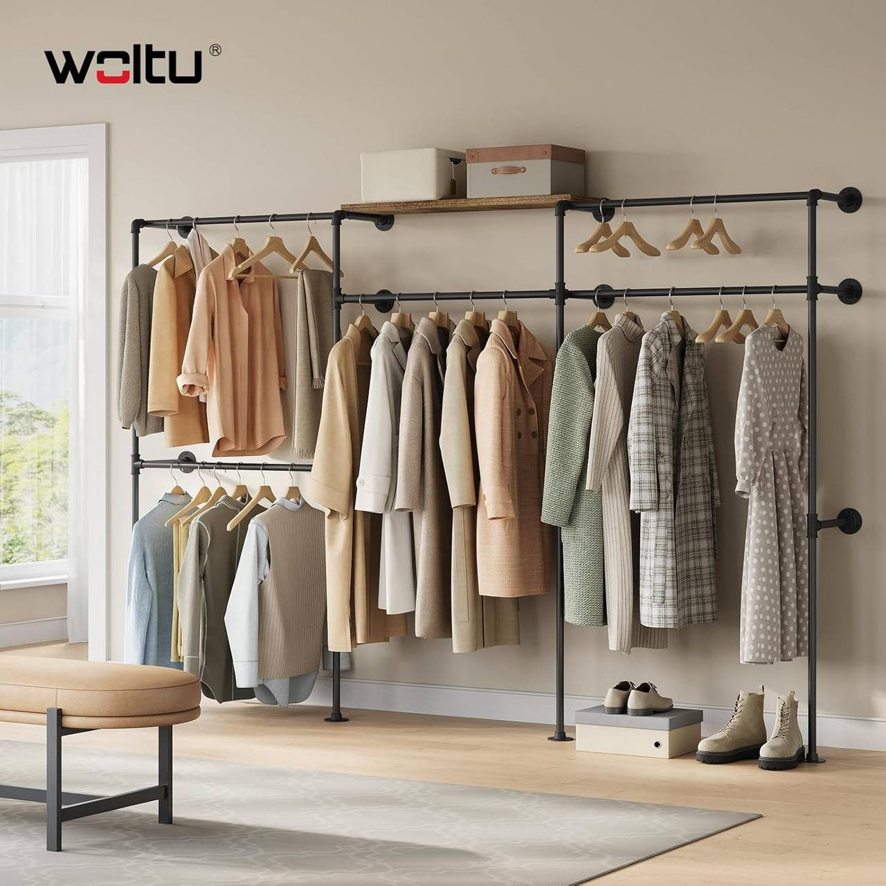24goodz Wall-Mounted Coat Rack - Organized and Accessible - Robust Construction - Metal and Particle Board - Black + Vintage Brown - 283 x 186 x 33.5 cm