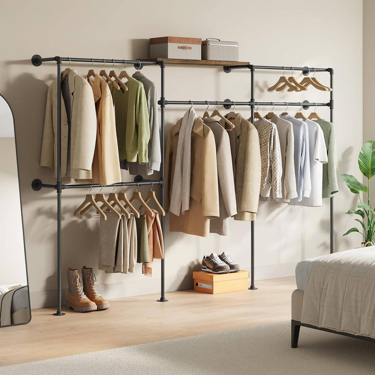 24goodz Wall-Mounted Coat Rack - Organized and Accessible - Robust Construction - Metal and Particle Board - Black + Vintage Brown - 283 x 186 x 33.5 cm