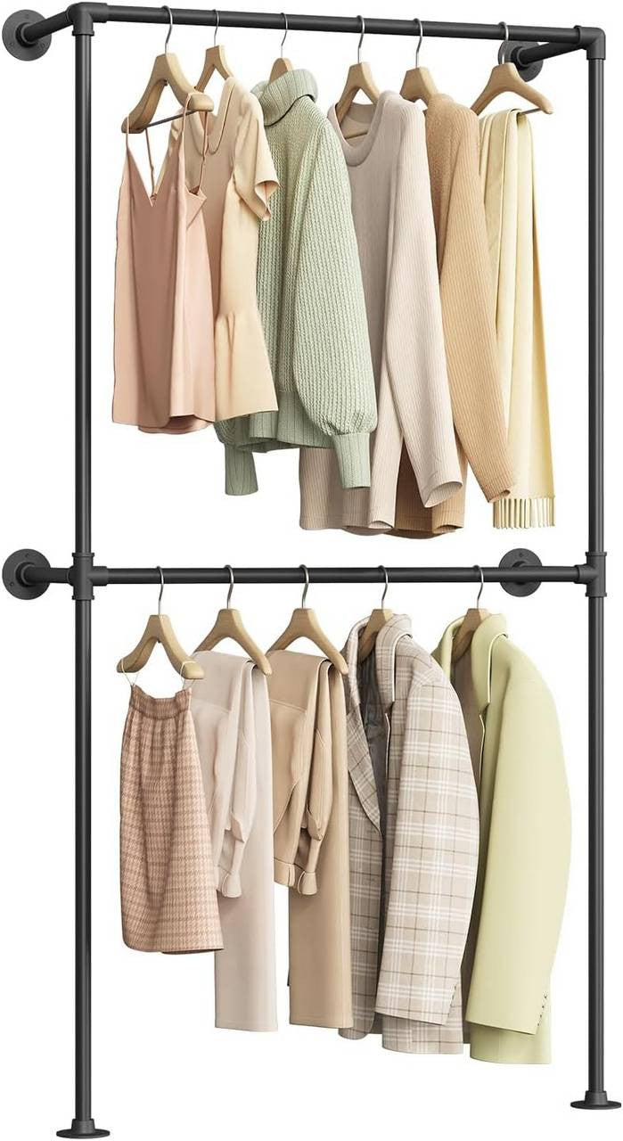 24goodz Wall-Mounted Clothing Rack - Robust and Durable - Space-Saving Design - Iron - Black - 102.5 x 187 x 36.5 cm