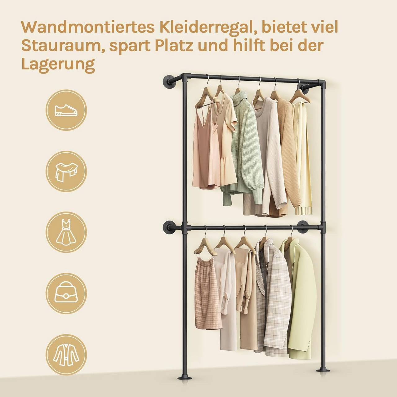 24goodz Wall-Mounted Clothing Rack - Robust and Durable - Space-Saving Design - Iron - Black - 102.5 x 187 x 36.5 cm