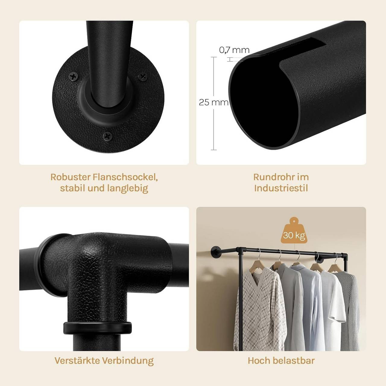 24goodz Wall-Mounted Clothing Rack - Robust and Durable - Space-Saving Design - Iron - Black - 102.5 x 187 x 36.5 cm