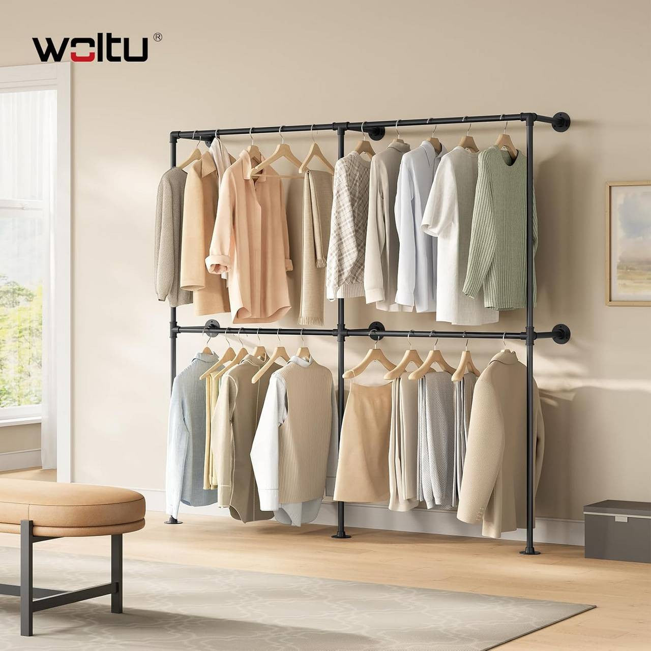24goodz Wall-Mounted Clothing Rack - Space-Saving Design - Durable Iron - For Home and Office - Black - 193 x 187 x 36.5 cm