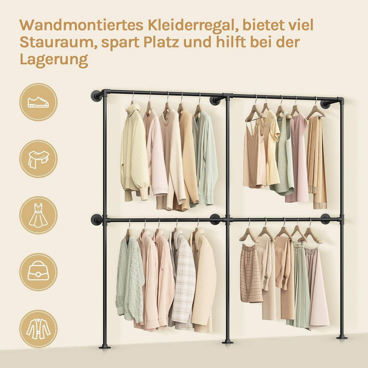 24goodz Wall-Mounted Clothing Rack - Space-Saving Design - Durable Iron - For Home and Office - Black - 193 x 187 x 36.5 cm