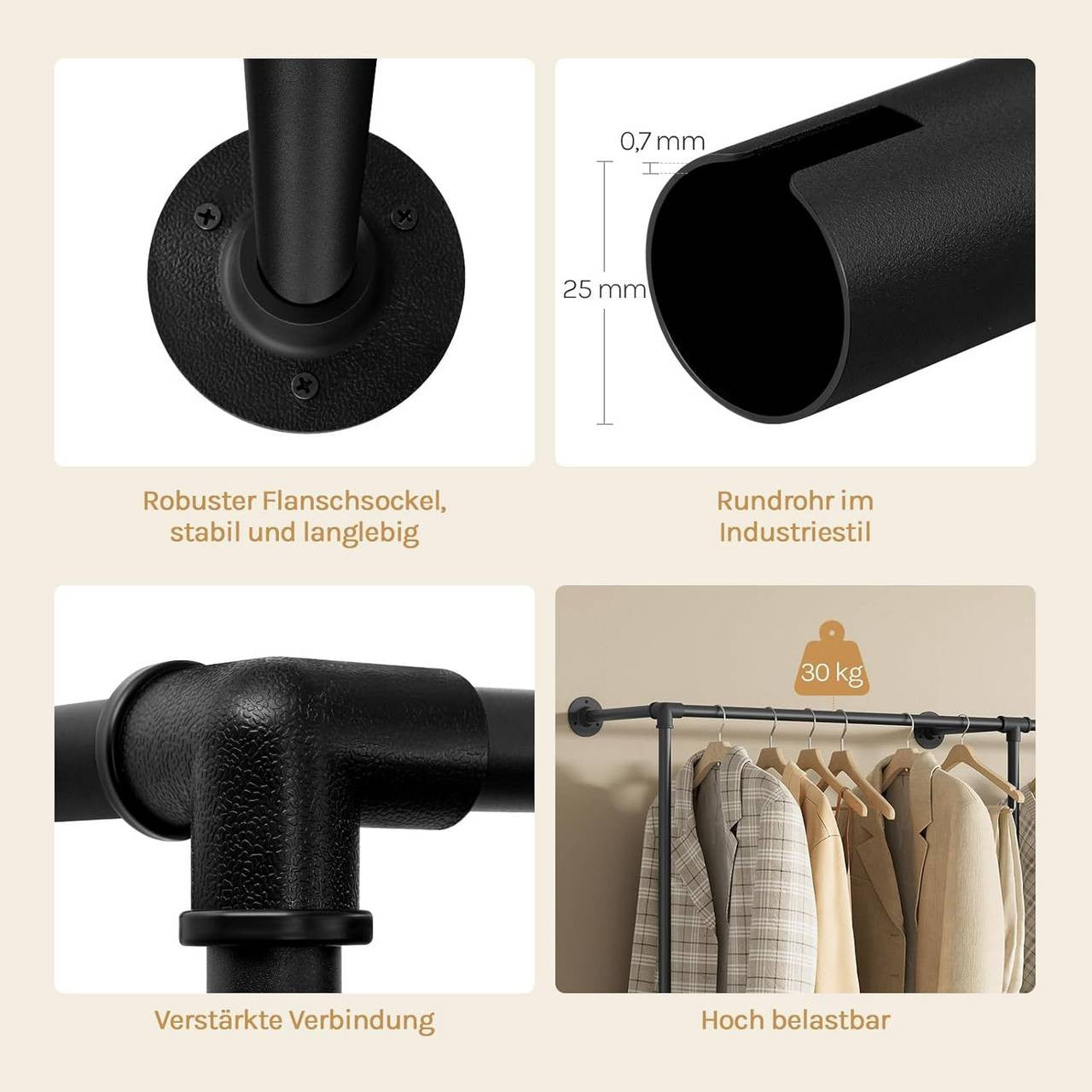 24goodz Wall-Mounted Clothing Rack - Space-Saving Design - Durable Iron - For Home and Office - Black - 193 x 187 x 36.5 cm