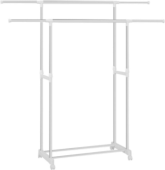 24goodz Adjustable Clothing Rack with Wheels - Flexible Height and Width - Stainless Steel - For Home and Retail - Silver White