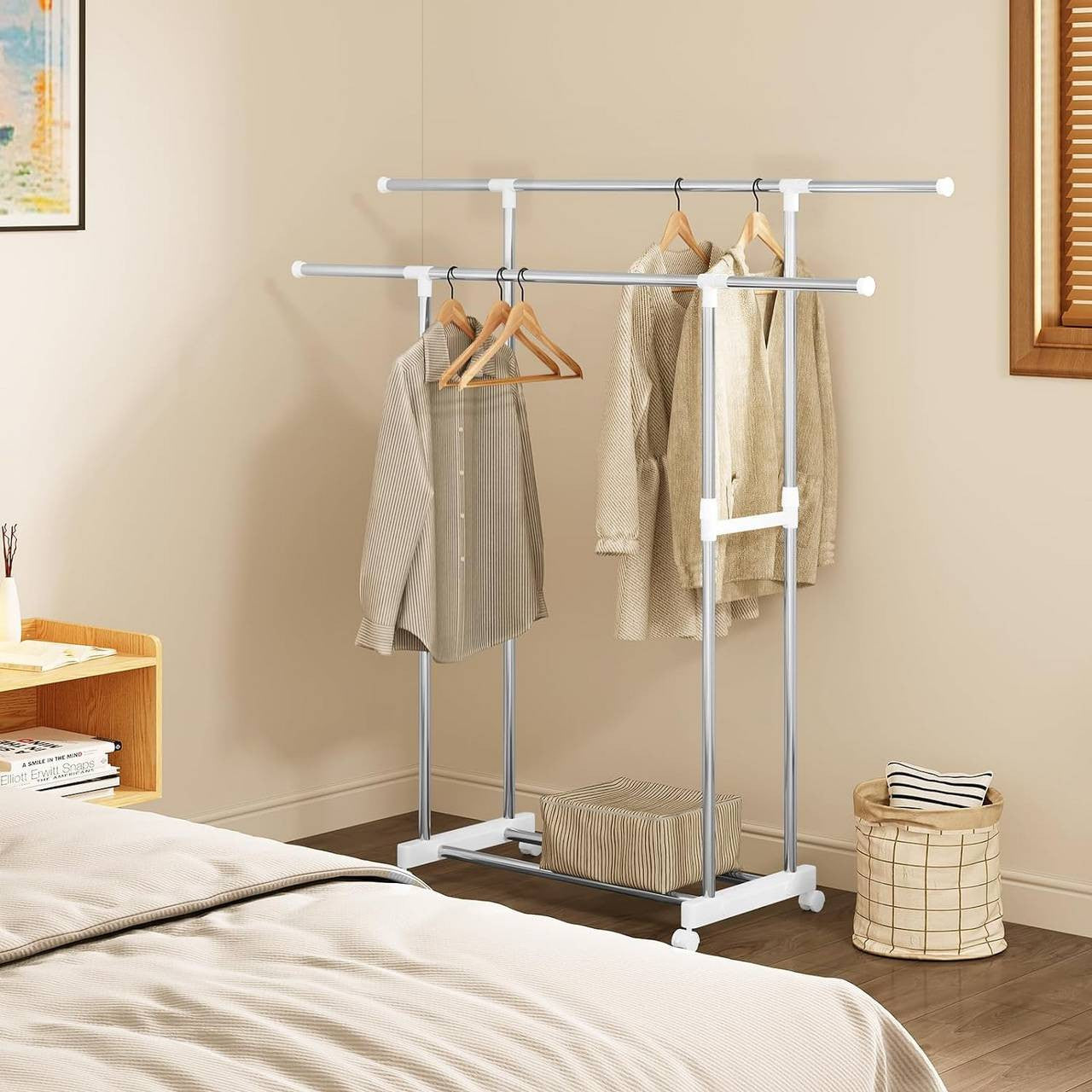 24goodz Adjustable Clothing Rack with Wheels - Flexible Height and Width - Stainless Steel - For Home and Retail - Silver White