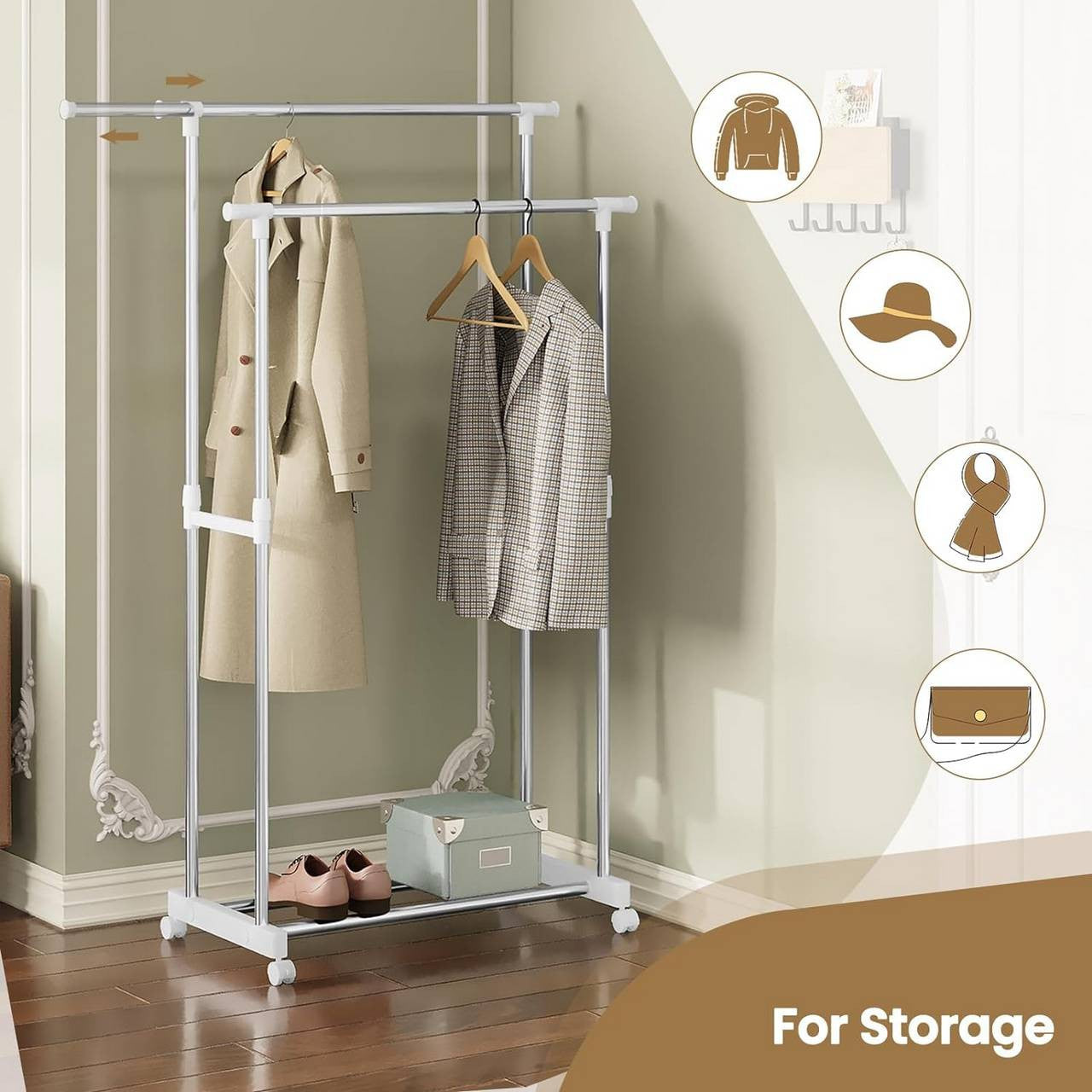 24goodz Adjustable Clothing Rack with Wheels - Flexible Height and Width - Stainless Steel - For Home and Retail - Silver White