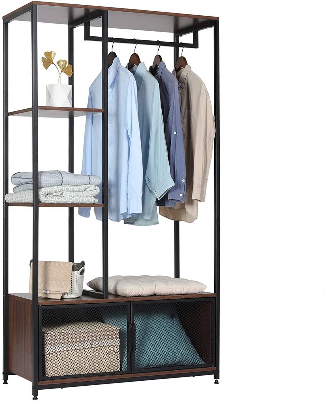 24goodz Open Wardrobe with Storage Cabinet - Multifunctional Design - High-Quality MDF and Steel - For Home Use - Dark Beech + Black - dc