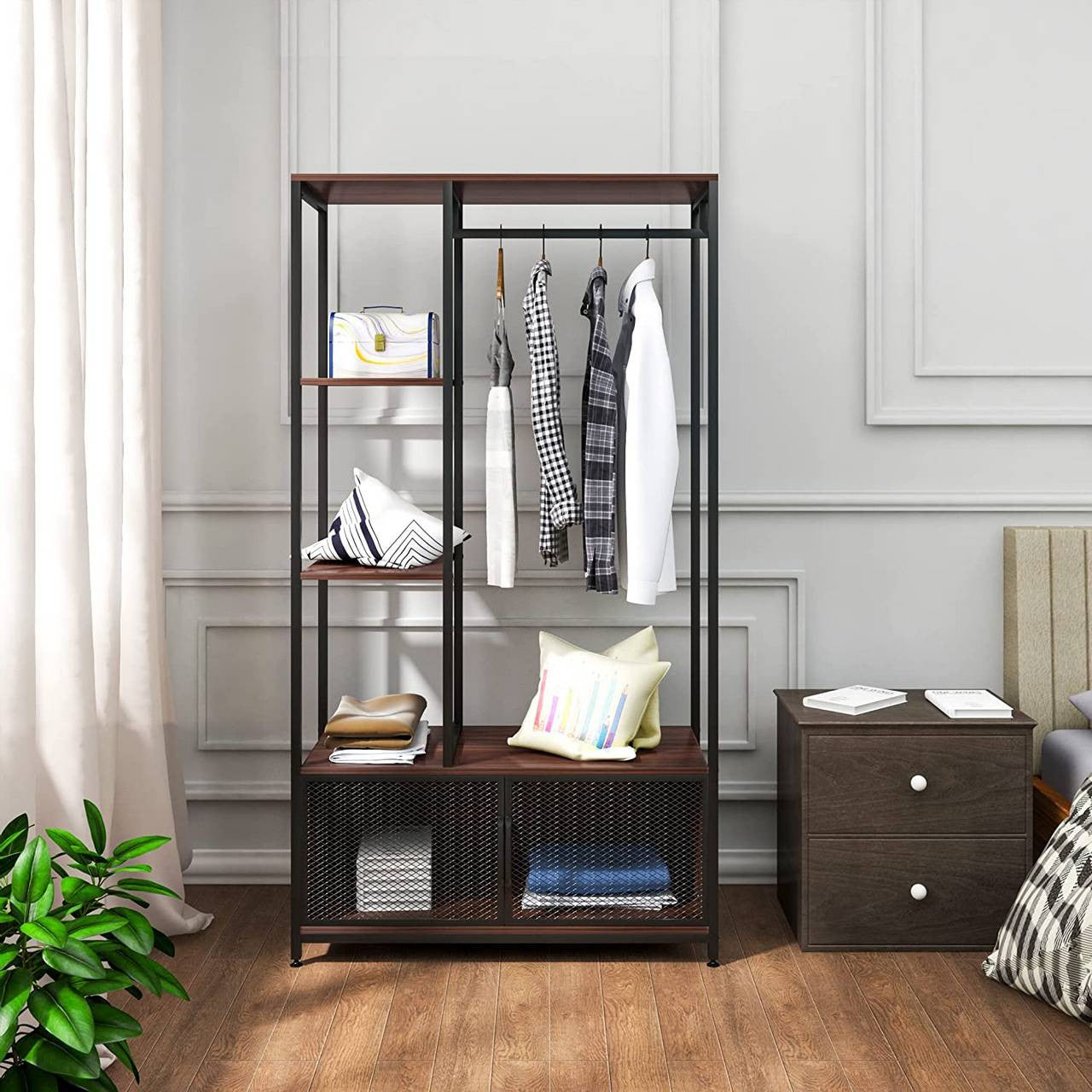 24goodz Open Wardrobe with Storage Cabinet - Multifunctional Design - High-Quality MDF and Steel - For Home Use - Dark Beech + Black - dc