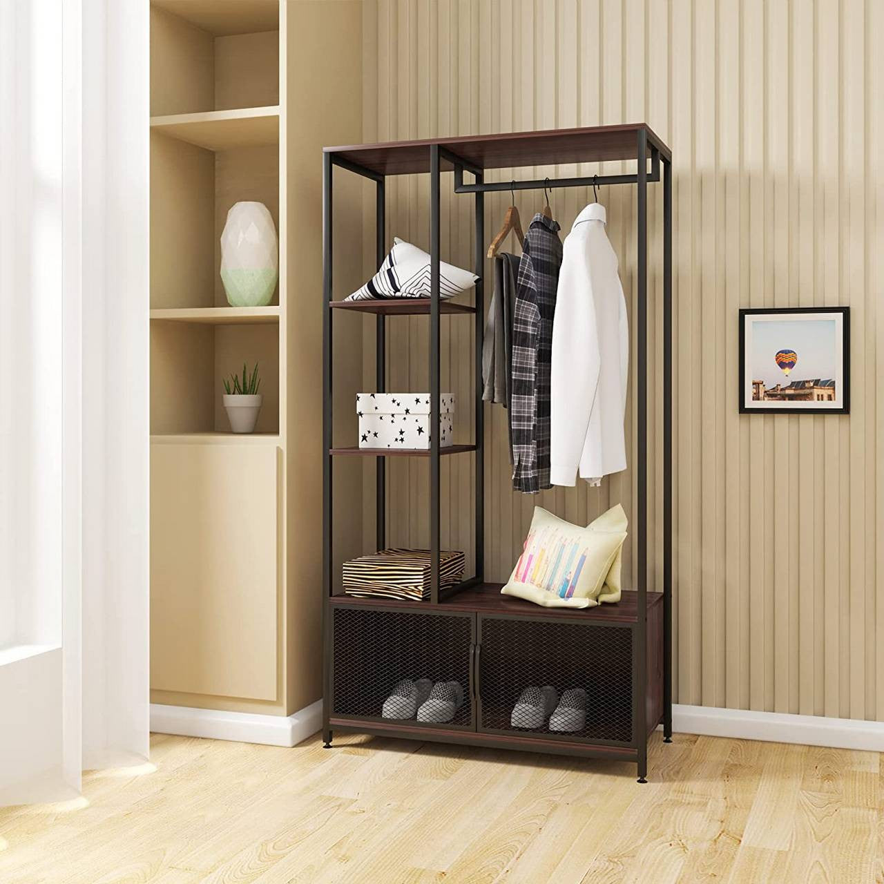 24goodz Open Wardrobe with Storage Cabinet - Multifunctional Design - High-Quality MDF and Steel - For Home Use - Dark Beech + Black - dc