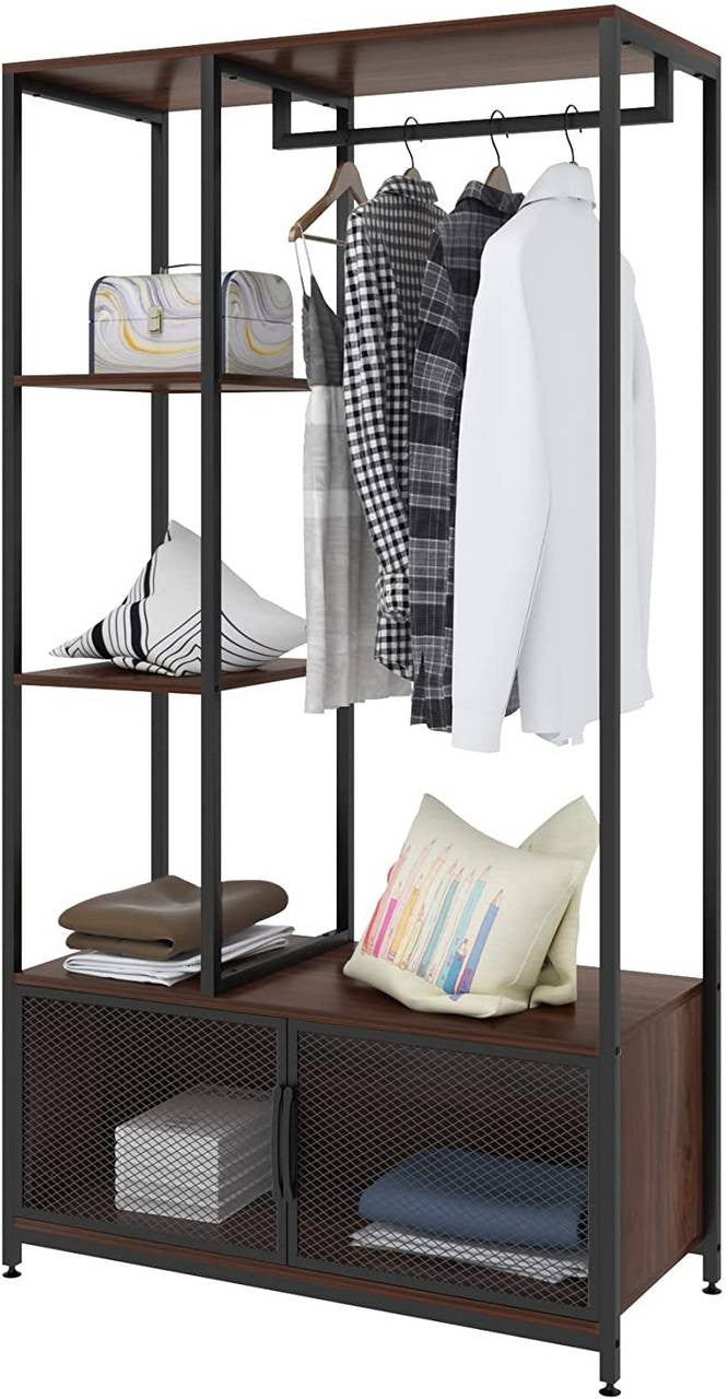 24goodz Open Wardrobe with Storage Cabinet - Multifunctional Design - High-Quality MDF and Steel - For Home Use - Dark Beech + Black - dc