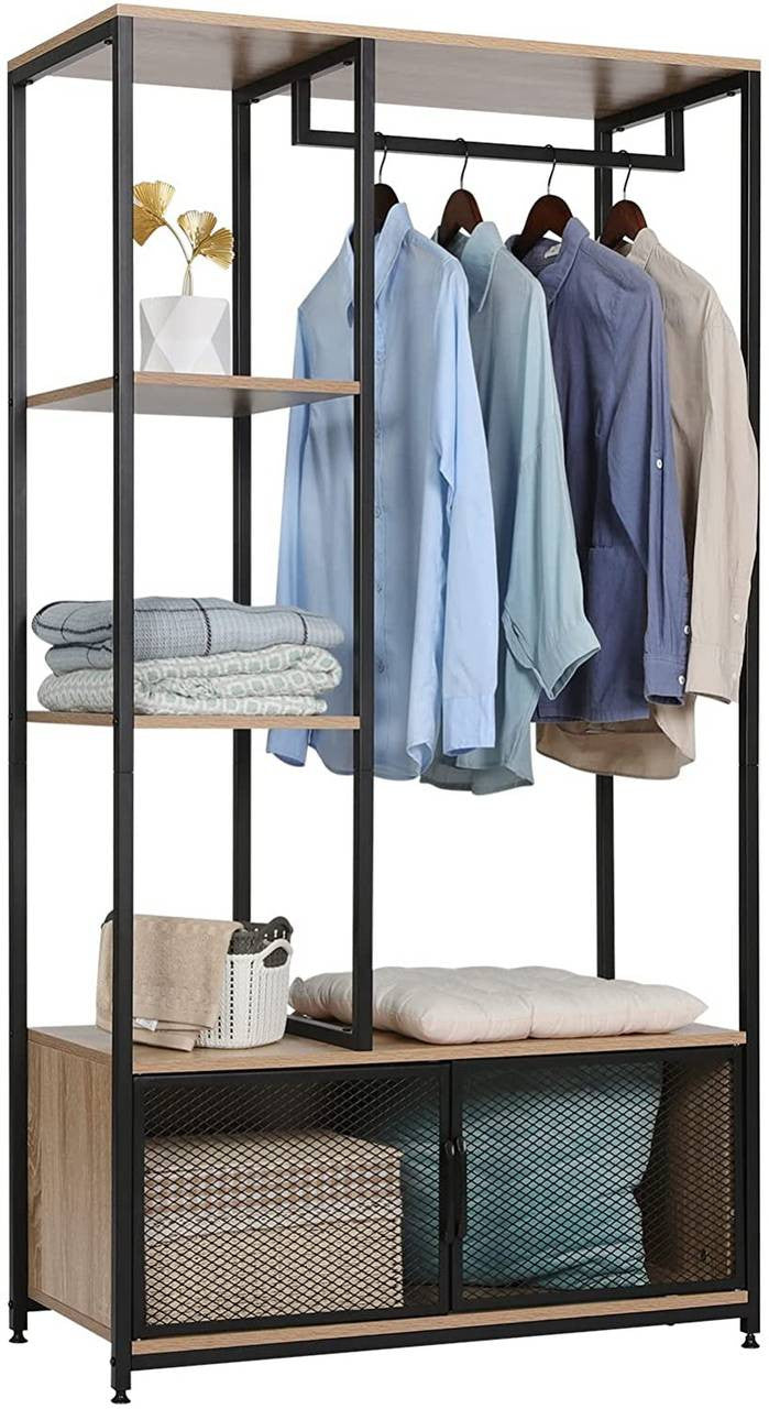24goodz Open Wardrobe with Storage Cabinet - Multifunctional Design - High-Quality MDF and Metal - For Home Organization - Light Oak + Black - hei