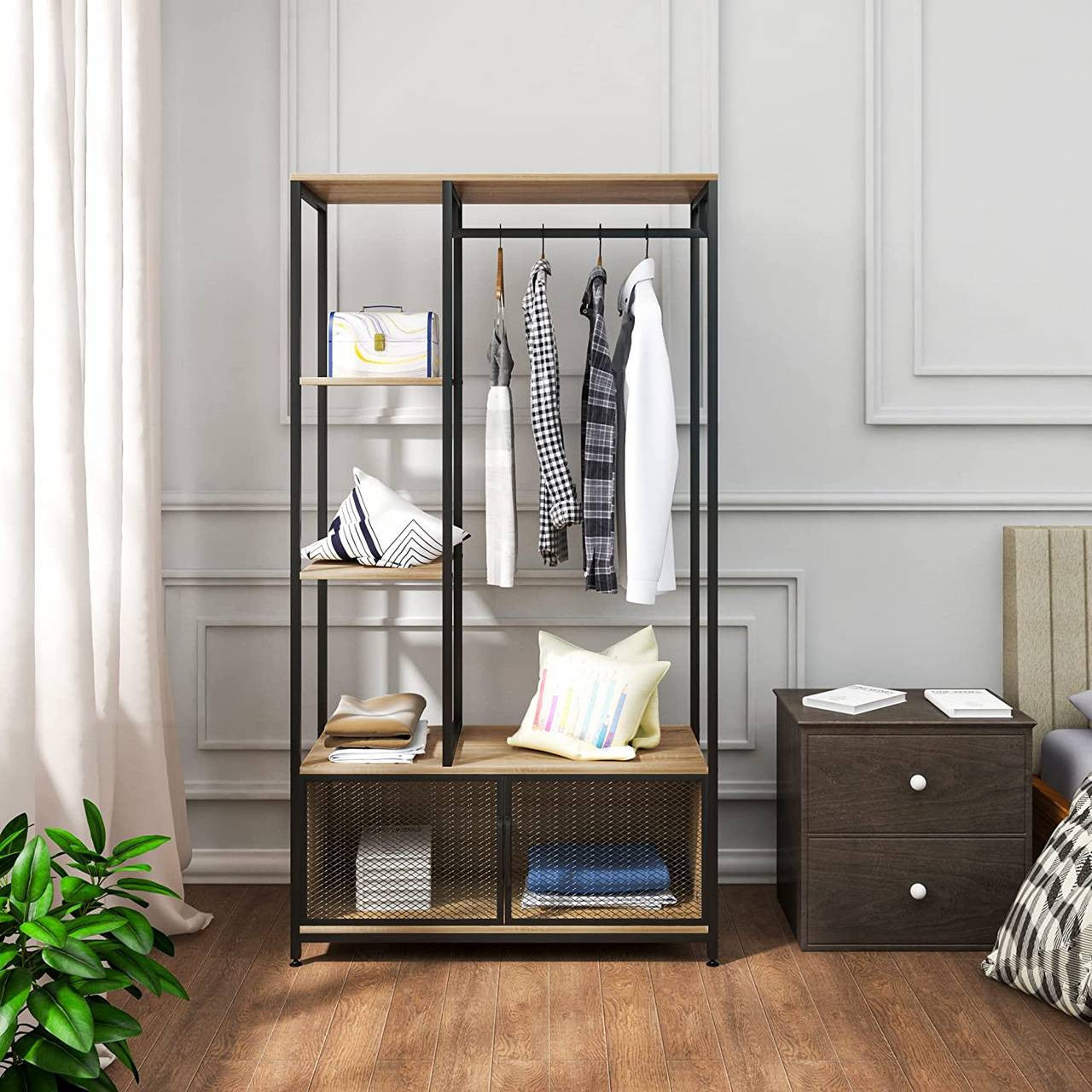 24goodz Open Wardrobe with Storage Cabinet - Multifunctional Design - High-Quality MDF and Metal - For Home Organization - Light Oak + Black - hei