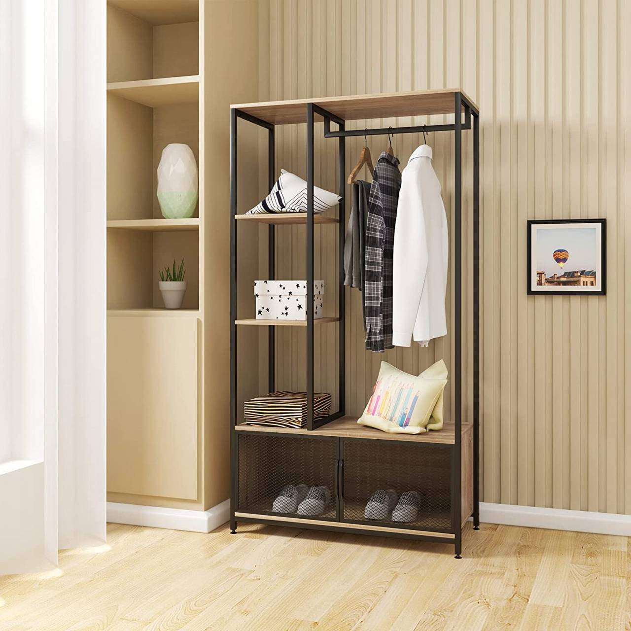 24goodz Open Wardrobe with Storage Cabinet - Multifunctional Design - High-Quality MDF and Metal - For Home Organization - Light Oak + Black - hei