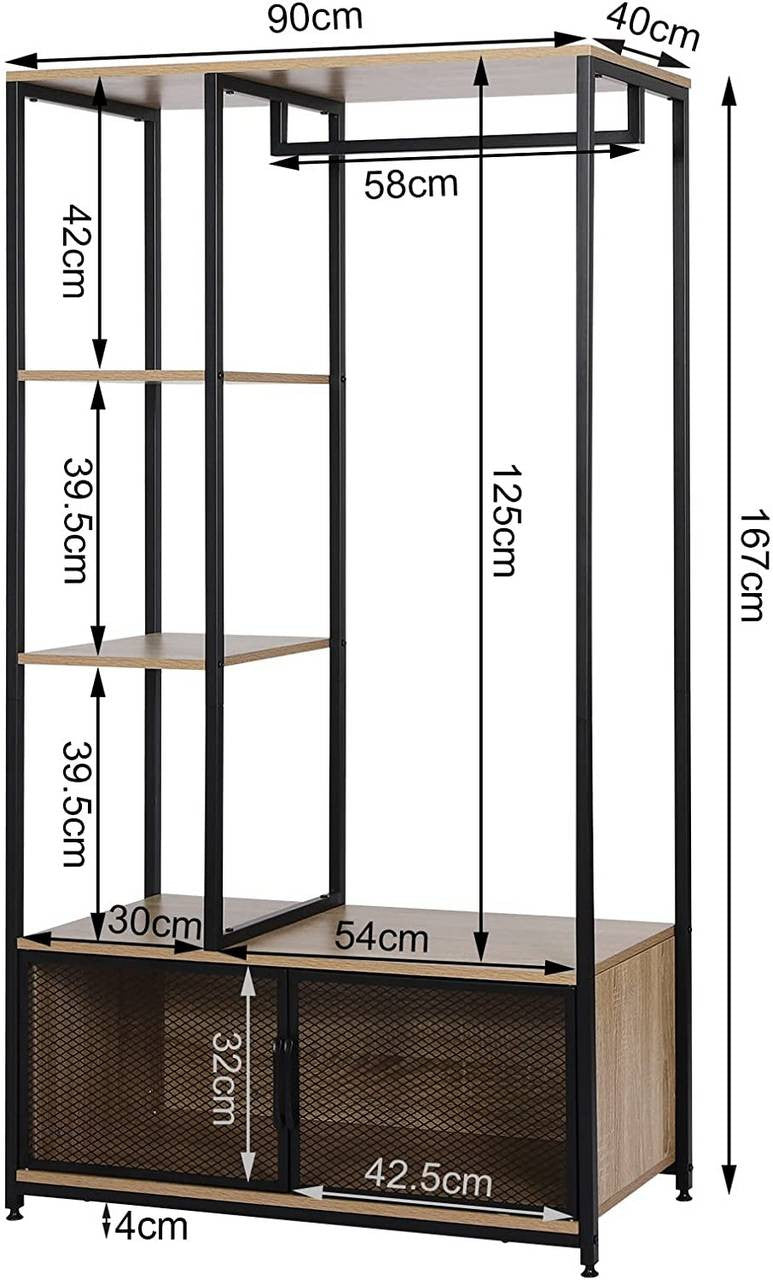 24goodz Open Wardrobe with Storage Cabinet - Multifunctional Design - High-Quality MDF and Metal - For Home Organization - Light Oak + Black - hei
