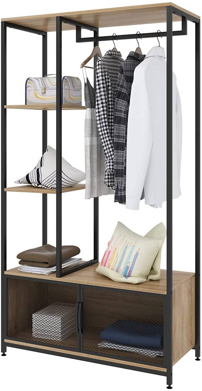 24goodz Open Wardrobe with Storage Cabinet - Multifunctional Design - High-Quality MDF and Metal - For Home Organization - Light Oak + Black - hei