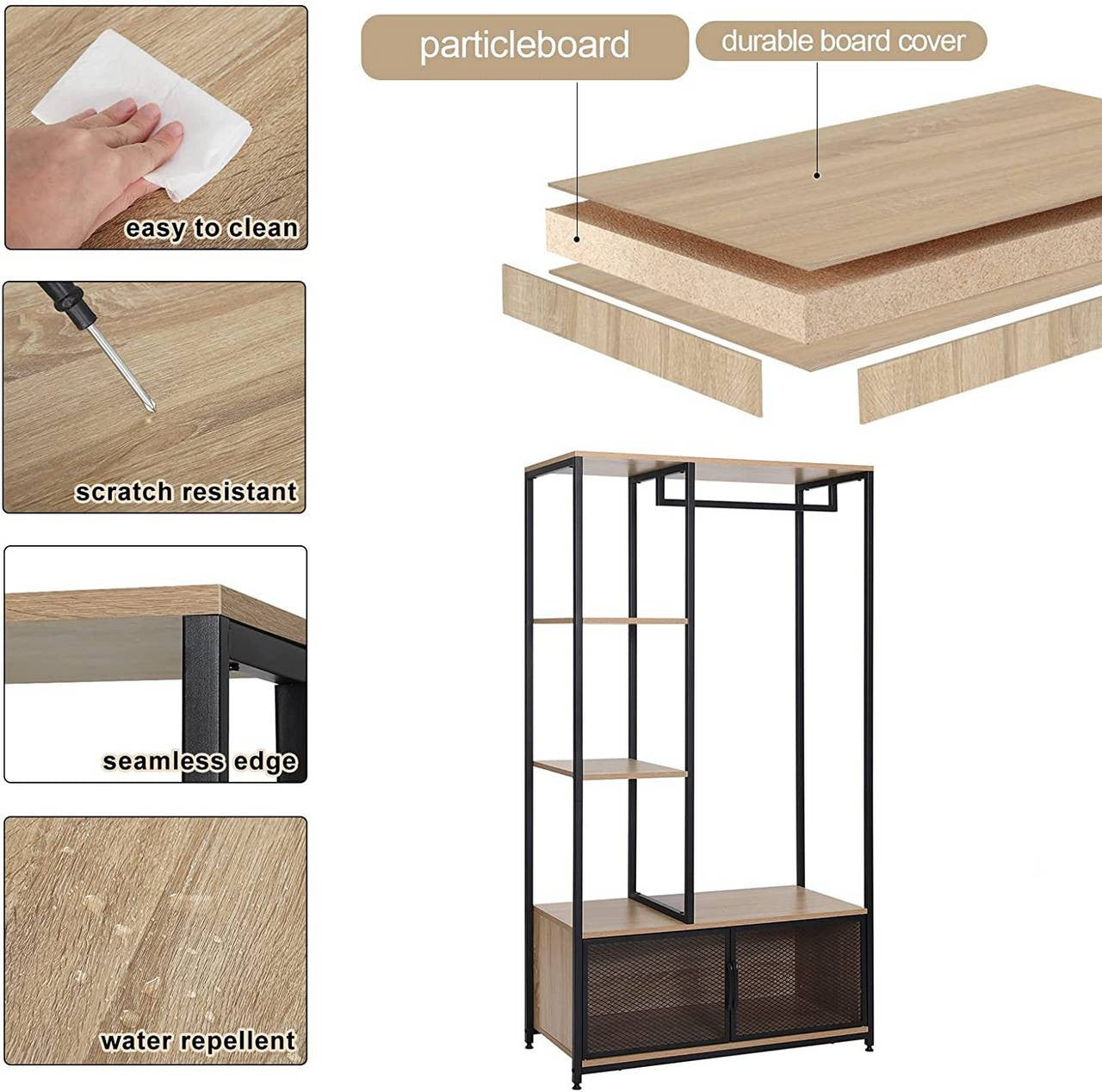 24goodz Open Wardrobe with Storage Cabinet - Multifunctional Design - High-Quality MDF and Metal - For Home Organization - Light Oak + Black - hei
