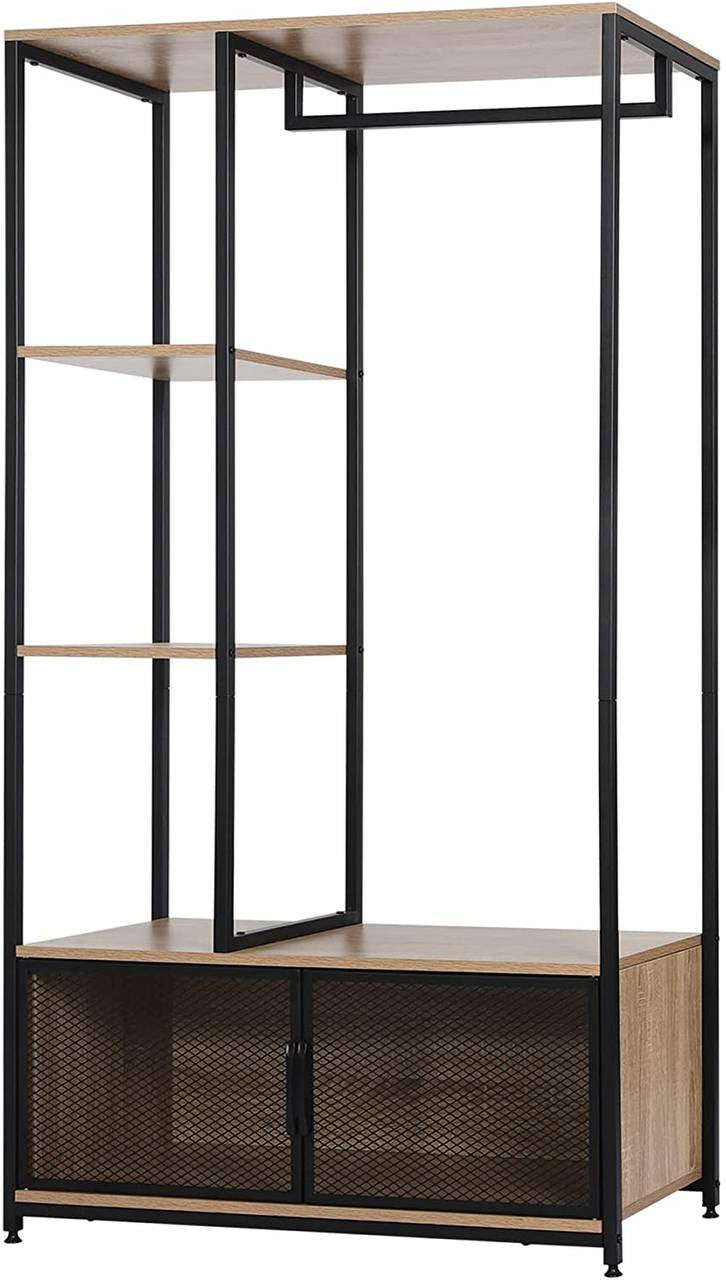 24goodz Open Wardrobe with Storage Cabinet - Multifunctional Design - High-Quality MDF and Metal - For Home Organization - Light Oak + Black - hei