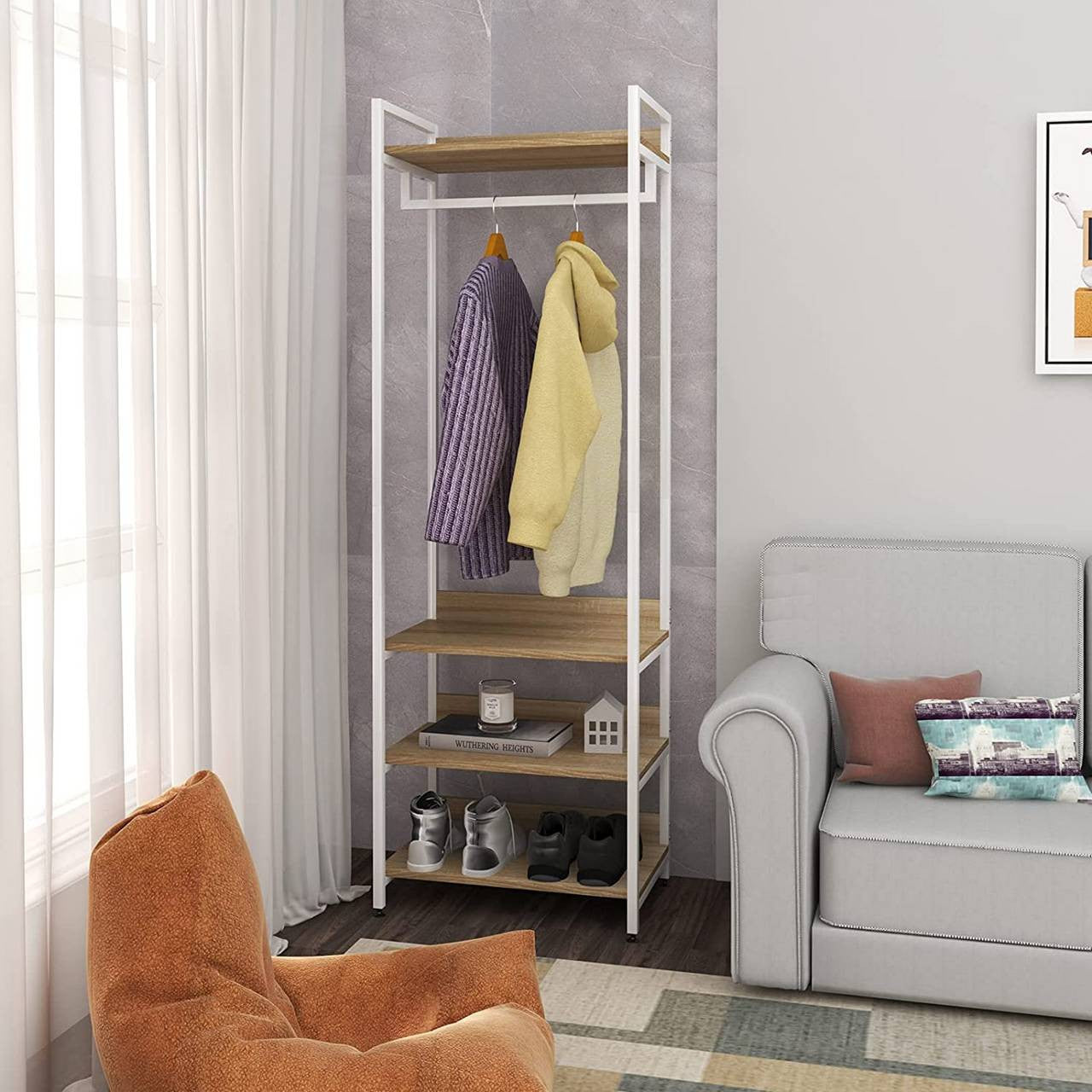 24goodz Clothes Rack with Three Shelves - Space-Saving Design - Sturdy and Stylish - Chipboard and Steel - Light Oak + Black - whe