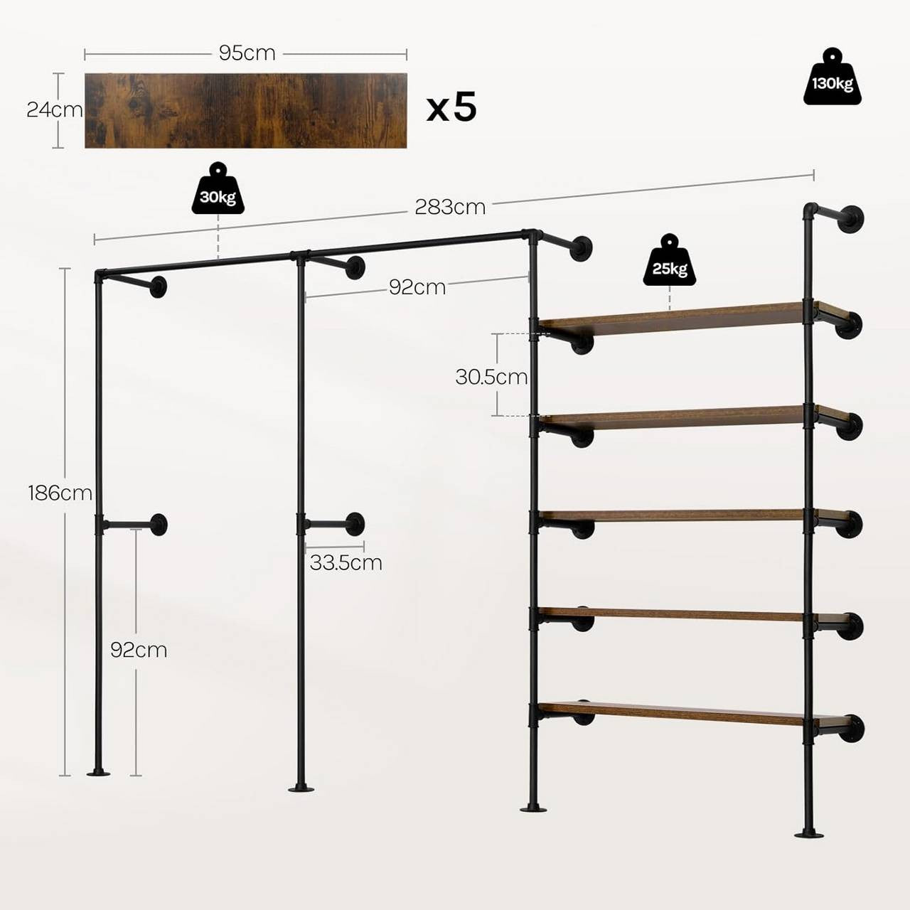 24goodz Wall-Mounted Clothing Rack with 5 Shelves - Organized & Space-Saving - Metal and Particle Board - For Home Use - Black + Vintage Brown