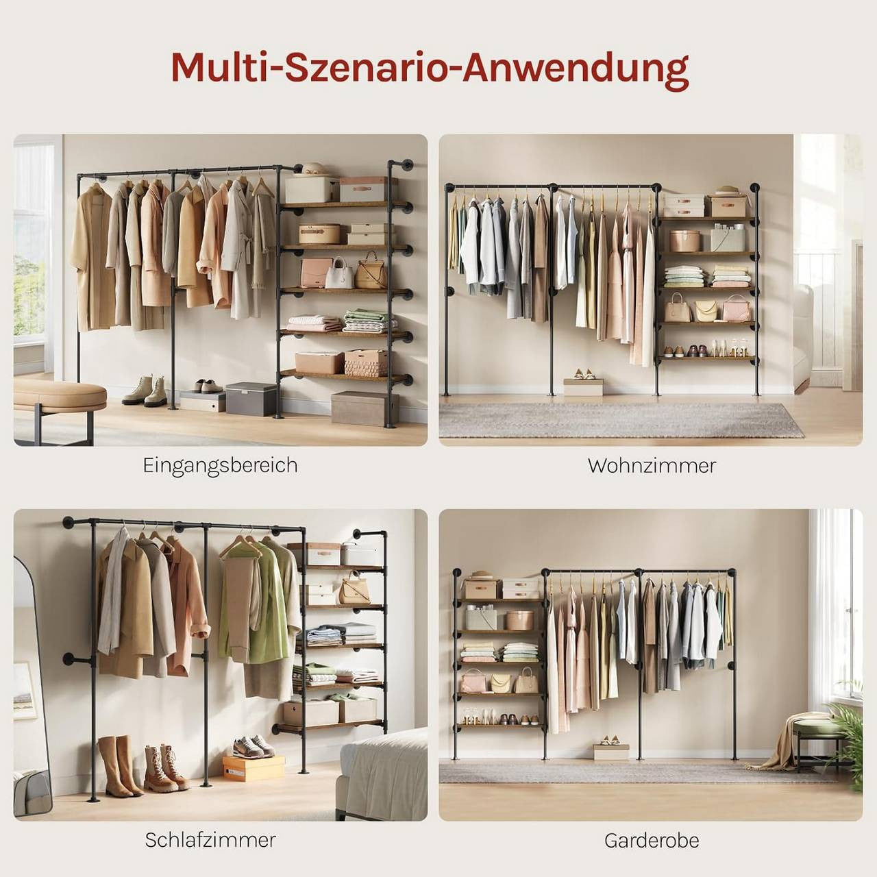 24goodz Wall-Mounted Clothing Rack with 5 Shelves - Organized & Space-Saving - Metal and Particle Board - For Home Use - Black + Vintage Brown