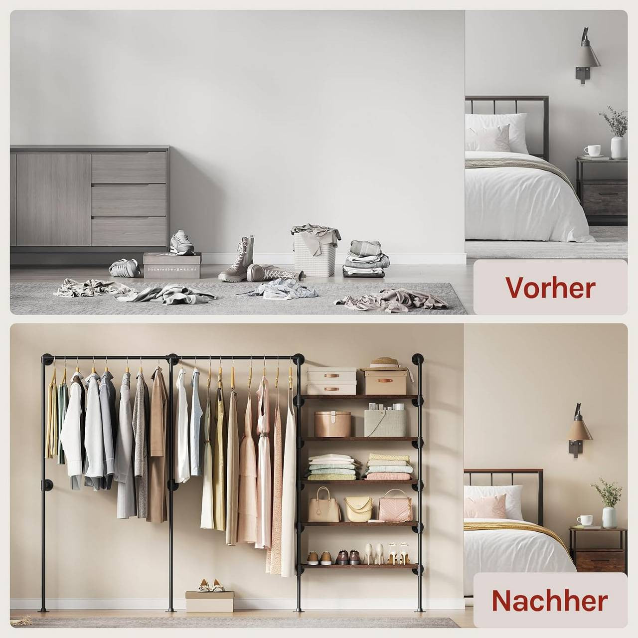 24goodz Wall-Mounted Clothing Rack with 5 Shelves - Organized & Space-Saving - Metal and Particle Board - For Home Use - Black + Vintage Brown