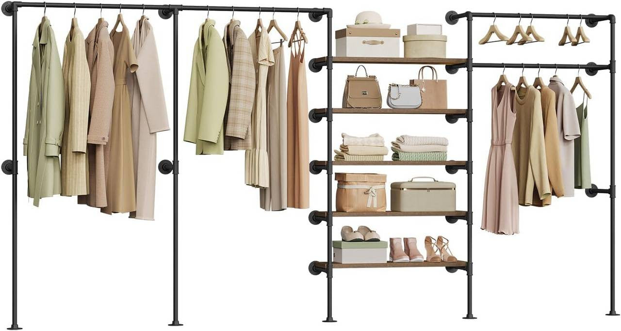 24goodz Wall-Mounted Clothing Rack - Organized & Open Hanging - Metal and Particle Board - For All Rooms - Black + Vintage Brown