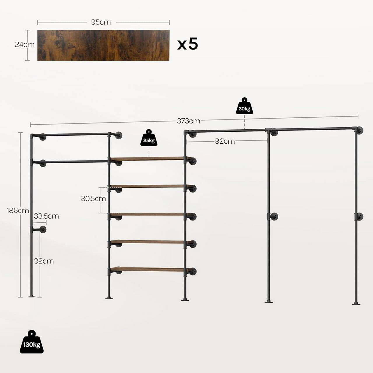 24goodz Wall-Mounted Clothing Rack - Organized & Open Hanging - Metal and Particle Board - For All Rooms - Black + Vintage Brown