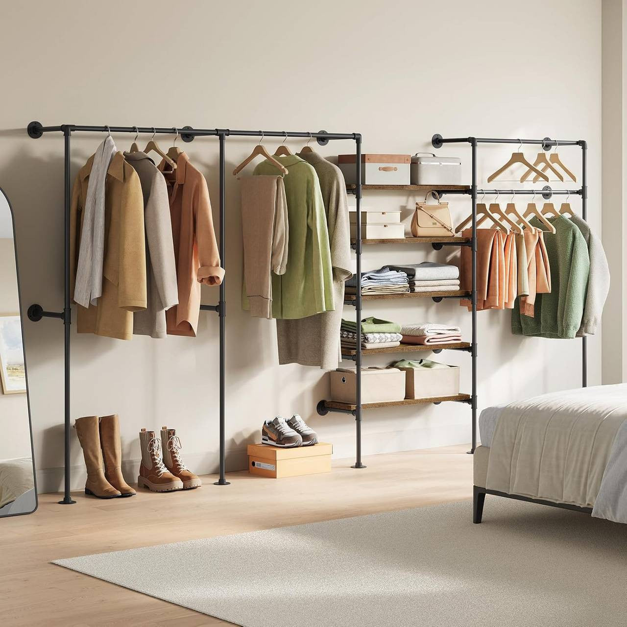 24goodz Wall-Mounted Clothing Rack - Organized & Open Hanging - Metal and Particle Board - For All Rooms - Black + Vintage Brown