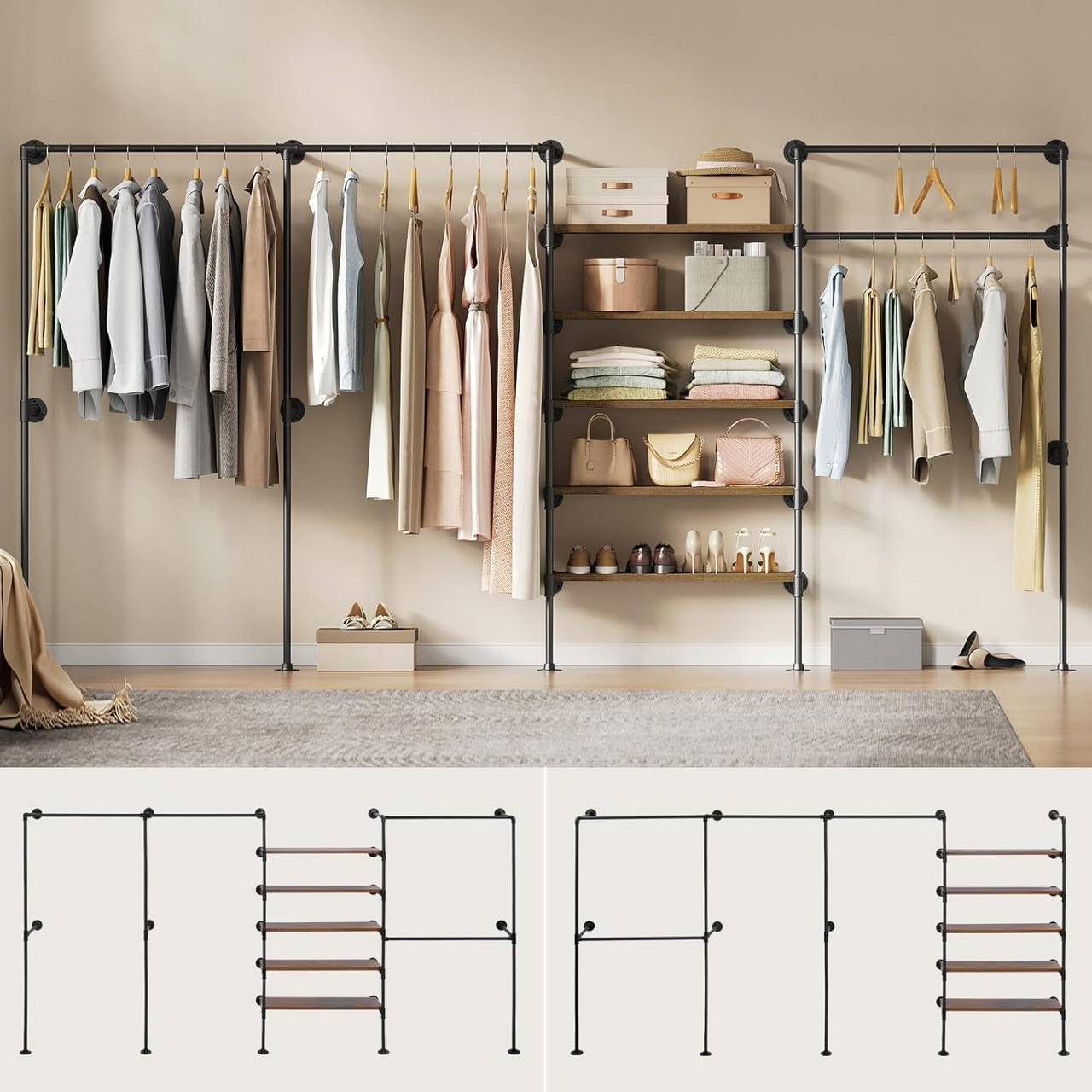 24goodz Wall-Mounted Clothing Rack - Organized & Open Hanging - Metal and Particle Board - For All Rooms - Black + Vintage Brown