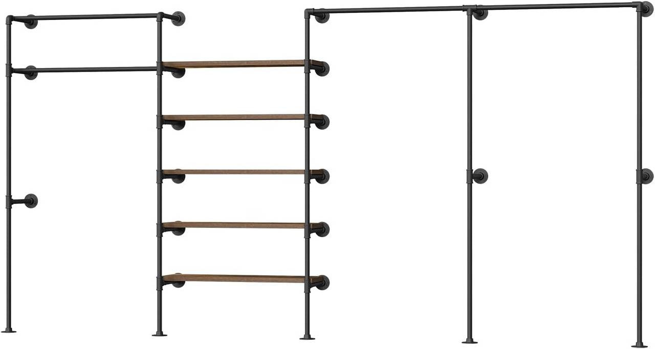 24goodz Wall-Mounted Clothing Rack - Organized & Open Hanging - Metal and Particle Board - For All Rooms - Black + Vintage Brown