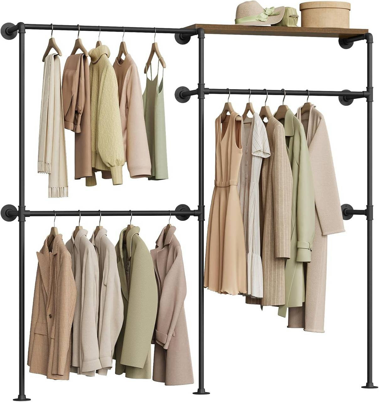 24goodz Wall-Mounted Clothing Rack with 1 Shelf and 3 Rods - Space-Saving Design - Robust Metal and Particleboard - For Home Organization - Black + Vintage Brown