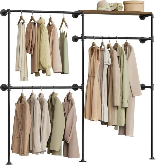 24goodz Wall-Mounted Clothing Rack with 1 Shelf and 3 Rods - Space-Saving Design - Robust Metal and Particleboard - For Home Organization - Black + Vintage Brown