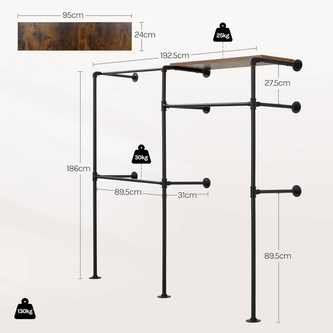 24goodz Wall-Mounted Clothing Rack with 1 Shelf and 3 Rods - Space-Saving Design - Robust Metal and Particleboard - For Home Organization - Black + Vintage Brown