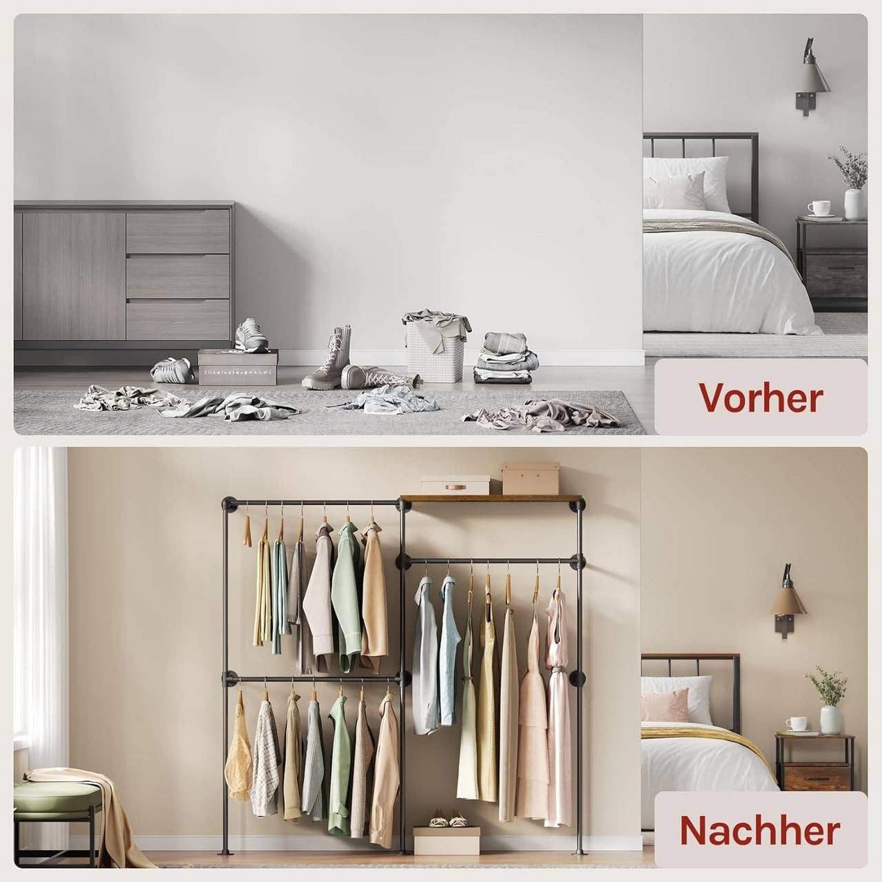 24goodz Wall-Mounted Clothing Rack with 1 Shelf and 3 Rods - Space-Saving Design - Robust Metal and Particleboard - For Home Organization - Black + Vintage Brown