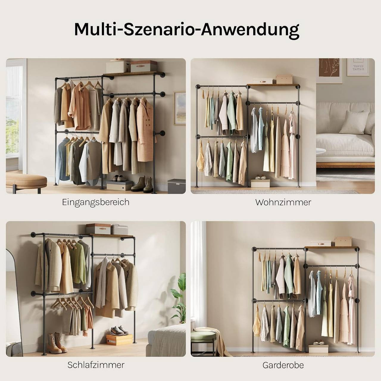 24goodz Wall-Mounted Clothing Rack with 1 Shelf and 3 Rods - Space-Saving Design - Robust Metal and Particleboard - For Home Organization - Black + Vintage Brown