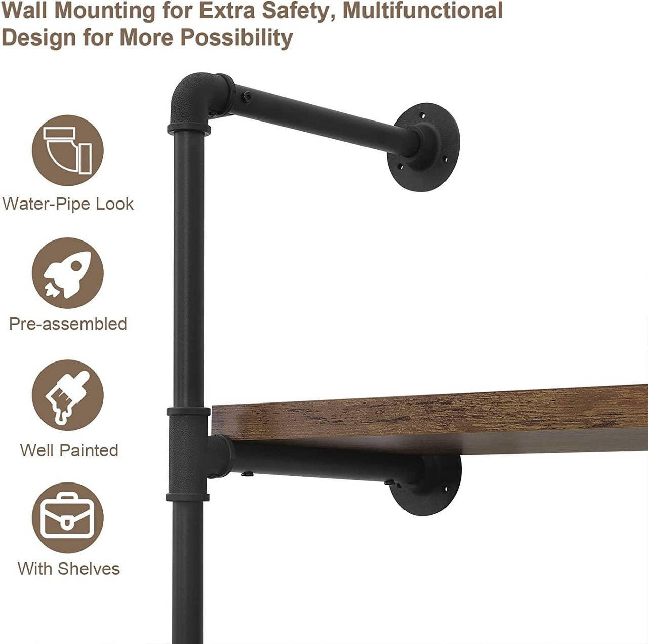 24goodz
Clothes Rail Industrial Style Clothes Rack, Open Wardrobe, Metal Tubing, Wall Mounting - shei