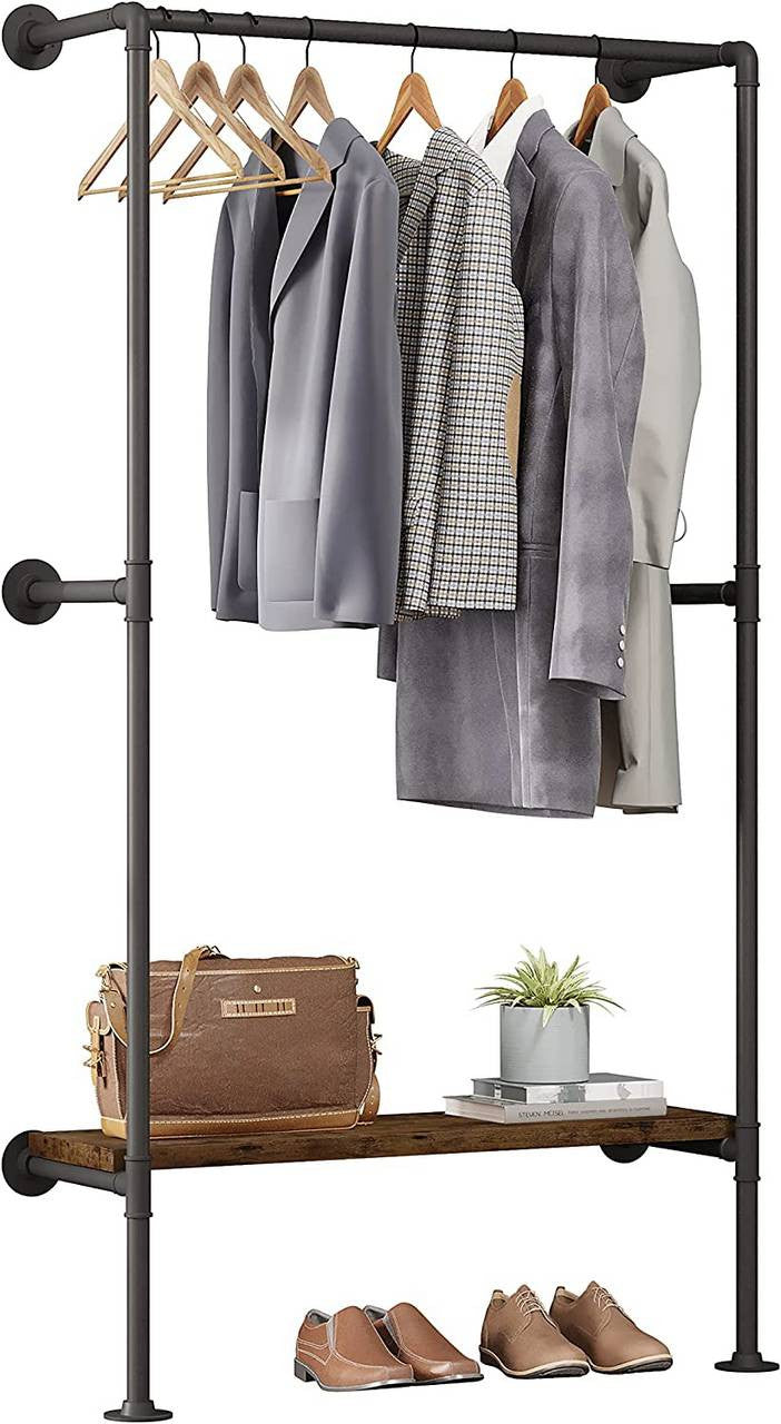 24goodz Industrial Style Clothes Rail - Vintage Industrial Design - Durable Metal and MDF - For Home Organization - Black + Vintage Wood Grain - shei