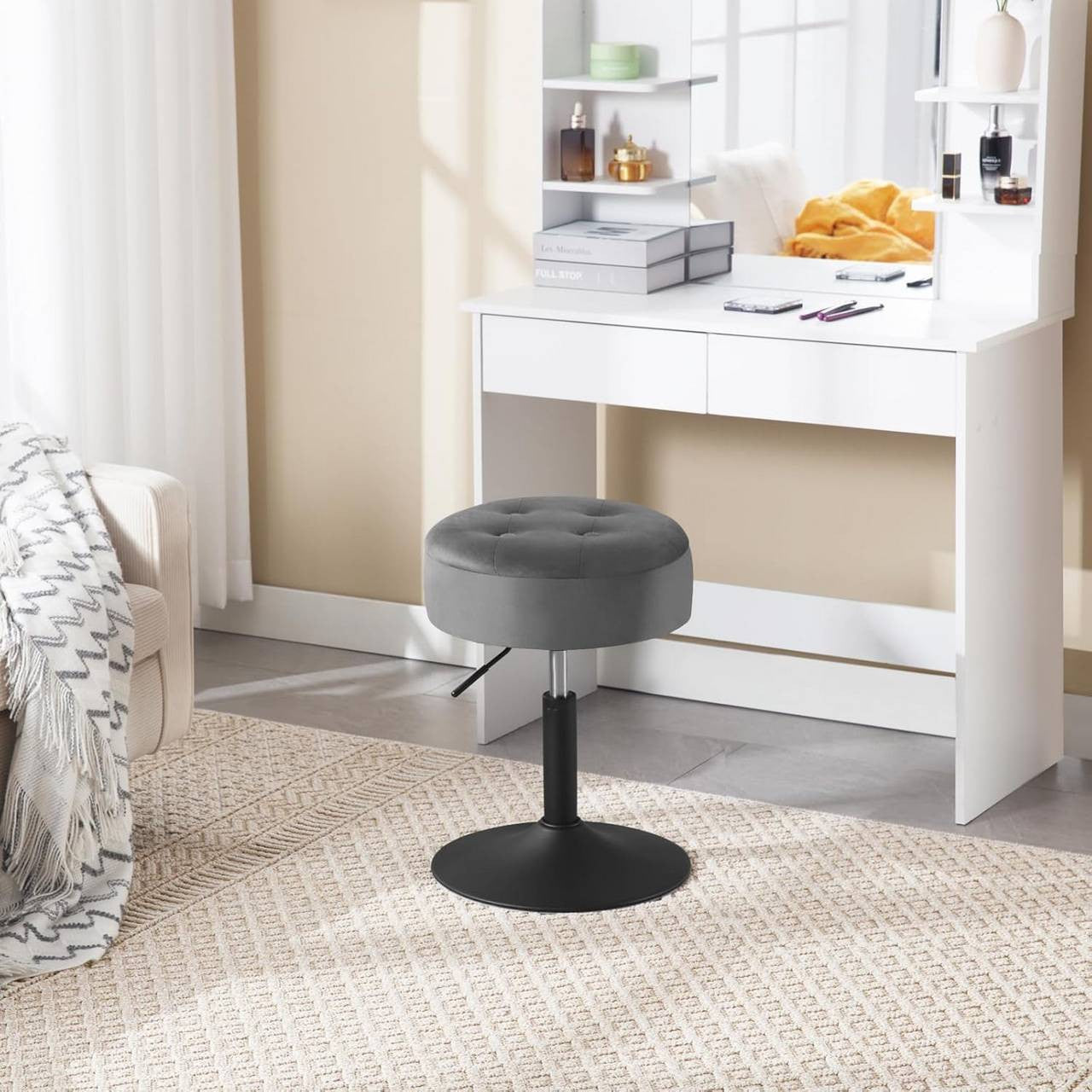 24goodz Velvet Bar Stool with Storage - Adjustable Height - Metal Frame - Dark Grey - dgr