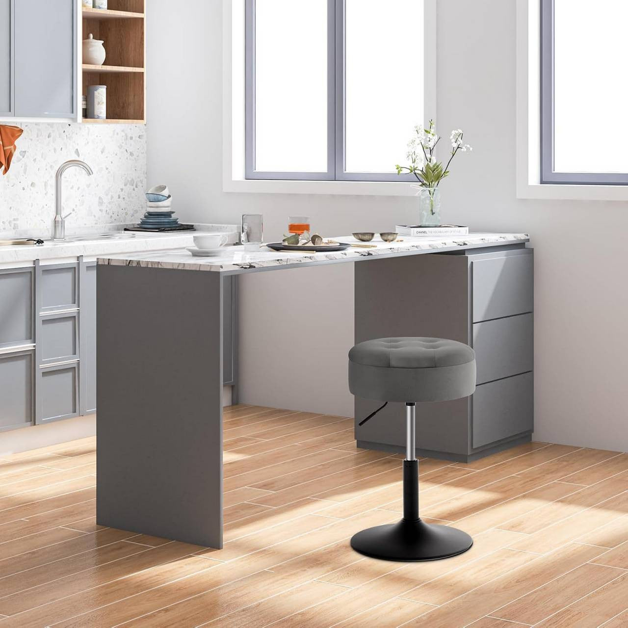 24goodz Velvet Bar Stool with Storage - Adjustable Height - Metal Frame - Dark Grey - dgr